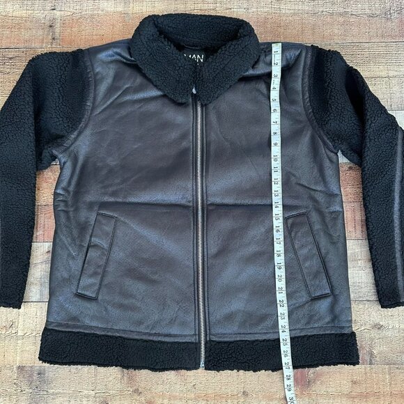 Boohoo Man black faux Leather look and borg bomber jacket men's L - Picture 6 of 7